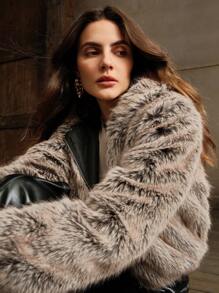 Anewsta Abrigo corto de mujer ombré esponjoso y versátil - Caqui - Ver 4