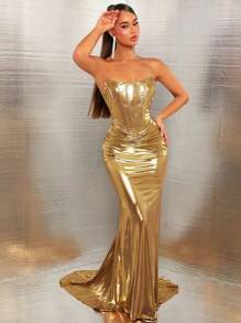 SHEIN SXY 舞会礼服；秋季女装；金色紧身胸衣细节超长连衣裙；适合鸡尾酒会、浪漫约会、秋冬、分层穿着、派对、正式活动、伴娘礼服、夜间外出、万圣节、圣诞节；节日派对礼服；新年前夜礼服；新年女装 - 金色 - 查看 5