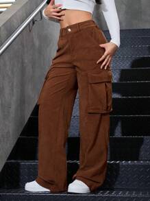 Women's Plain Color Cargo Pocket Loose Wide Leg Casual Pants