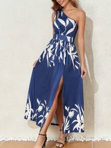 Vestido Largo De Corte Oblicuo Con Hombro Descubierto Y Estampado Floral Con Abertura En El Dobladillo