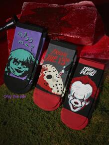 ANNABELLE x SHEIN 2 piezas/Juego Medias de tobillo con estampado de figura humana espeluznante y letras para Halloween para mujer