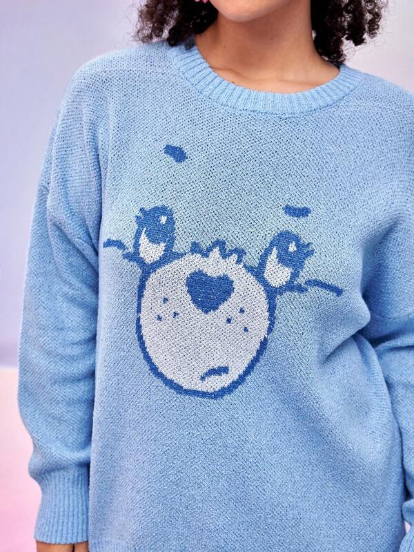 SHEIN X Care Bears Plus Size Casual Cute Classic Versatile Cute Bear Face Print Drop Shoulder Crew Neck Blue Sweater