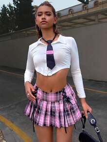 Y2K Preppy Ván Trượt Phong Cách Nhật Bản JK Tương Phản In Kẻ Sọc Phối Ren Phía Trước Xếp Ly Chân Váy Mini Với Quần An Toàn - Nhiều màu - Xem 4