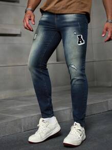 Manfinity Homme Men's Dark Blue Washed Elastic Denim Skinny Jeans - Dark Wash - View 4