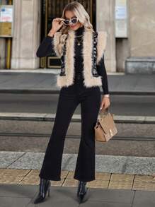 EMERY ROSE 女士花卉刺绣毛绒拼接无袖休闲夹克 - 黑色 - 查看 4