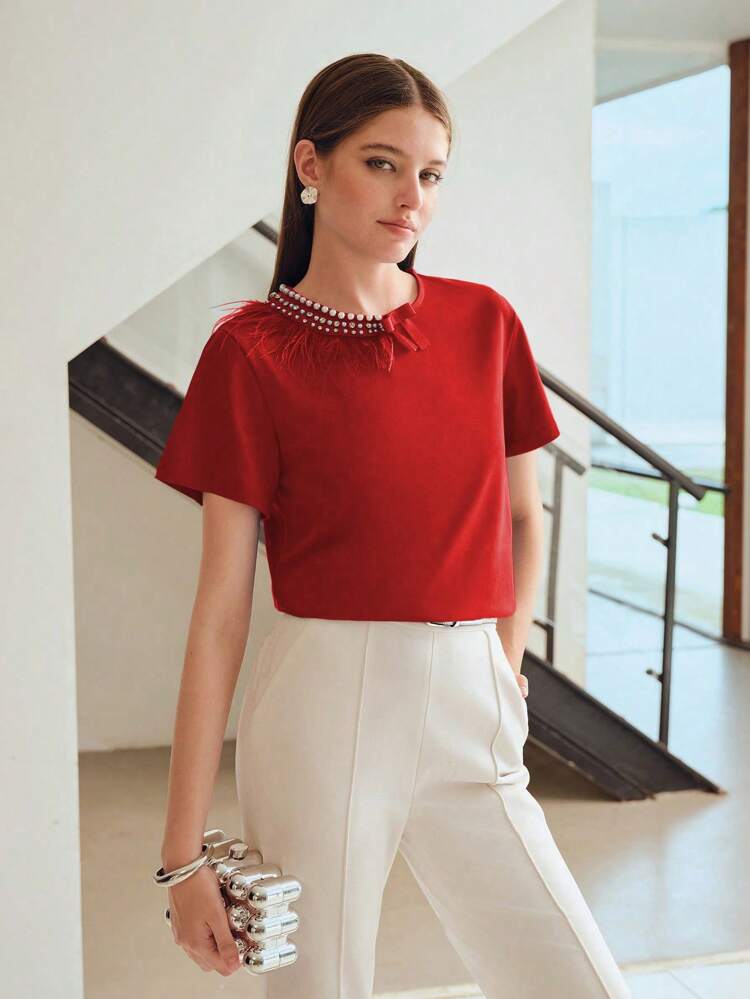 FAUX PEARL RHINESTONE DETAIL FLUFFY TRIM SHORT SLEEVE TEE FOR NEW YEAR CLOTHES