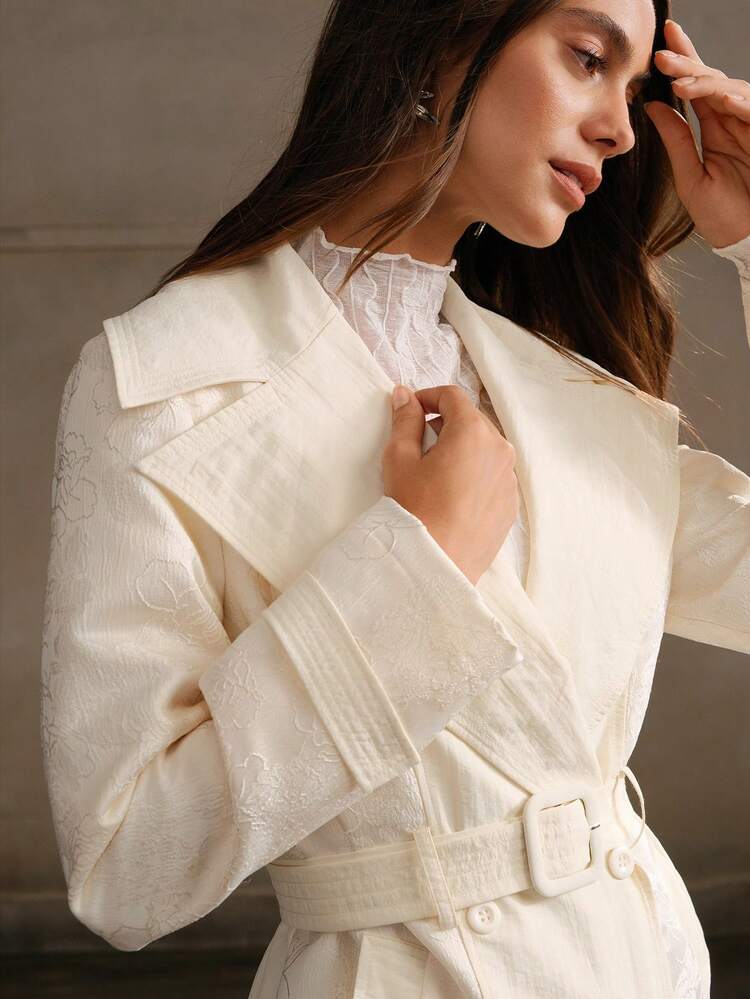 Urban Minimalist Embroidered Patchwork Apricot Trench Coat For Women