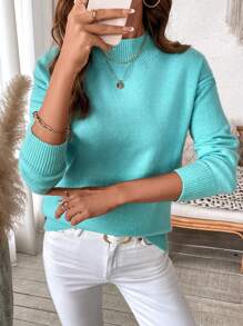 EMERY ROSE Plus Size Women's Solid Stand Collar Drop Shoulder Long Sleeve Casual Knit Sweater Pullover, Winter