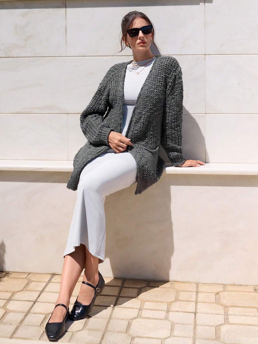 EURMUSE Woman  Cozy Soft Midi Length Cardigan With Pockets Front - Grey - View 1