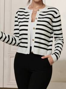 Mulvari Women Striped Print Button Front Cardigan - Black and White - View 6