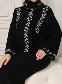 Modelyn Conjunto elegante de vestido de manga larga con escote de ojo de cerradura y estampado floral con detalle calado y bufanda a juego, Vestidos de suéter ajustados elegantes para uso casual diario/fiesta - Blanco y Negro - Ver 6