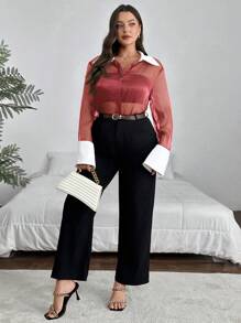 SHEIN Privé Damen Bluse in Große Größen, Kontrastfarbe Schwarz und Weiß, durchsichtig und glänzend, Herbst-Schulanfang - Bordeaux - Übersicht 4