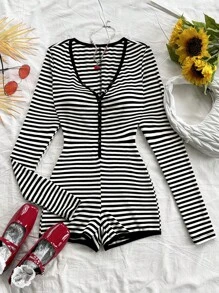 Soleia Contrast Color Striped Decorative Button Long Sleeve Romper For Women, Holiday Style - Black and White - View 4
