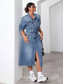 Plus Size Women's Long Sleeve Split Hem Casual Denim Dress, Spring/Summer - Medium Wash - View 1