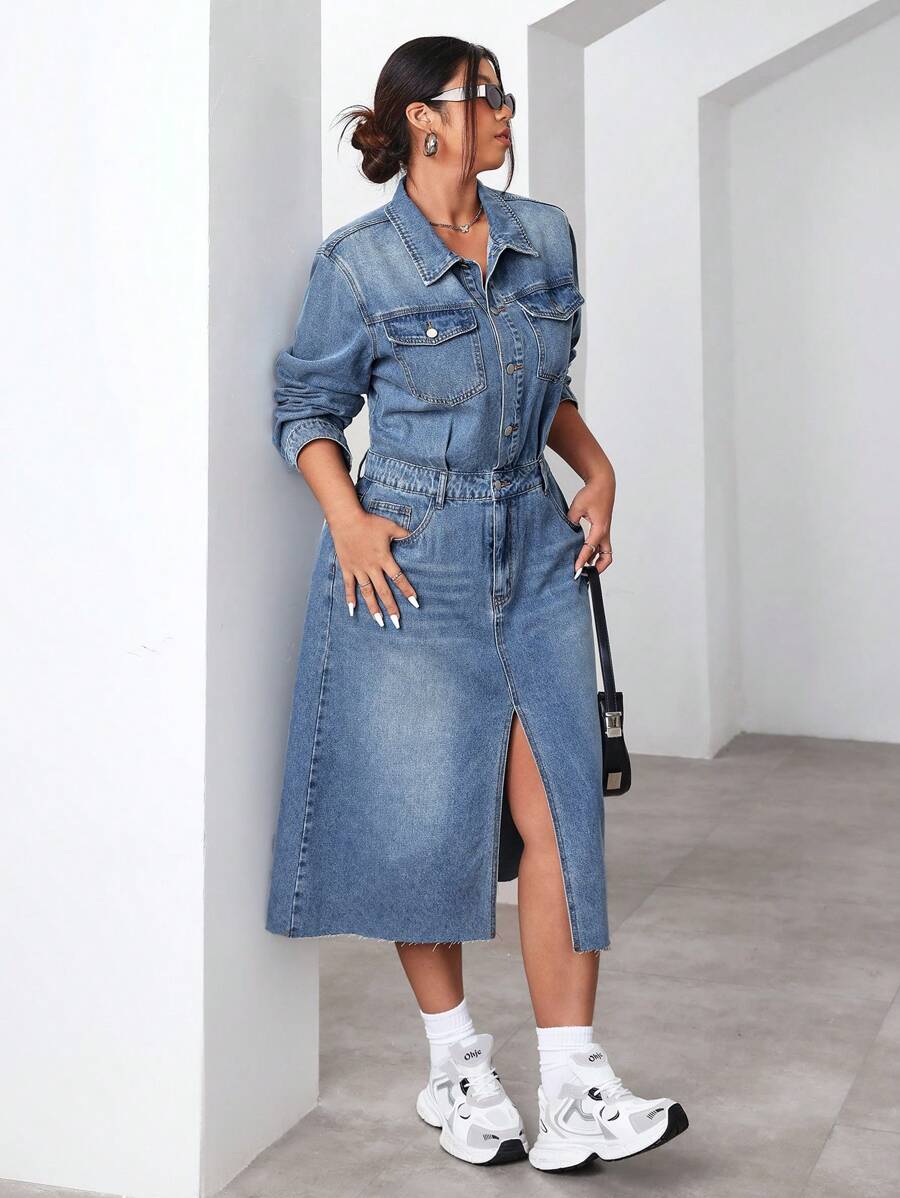 Plus Size Women's Long Sleeve Split Hem Casual Denim Dress, Spring/Summer - Medium Wash - View 1