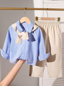 SHEIN 2 件套年轻男孩休闲 2 合 1 围巾衬衫 + 绅士裤装，时尚百搭。适合日常穿着，可搭配各种夹克和外套