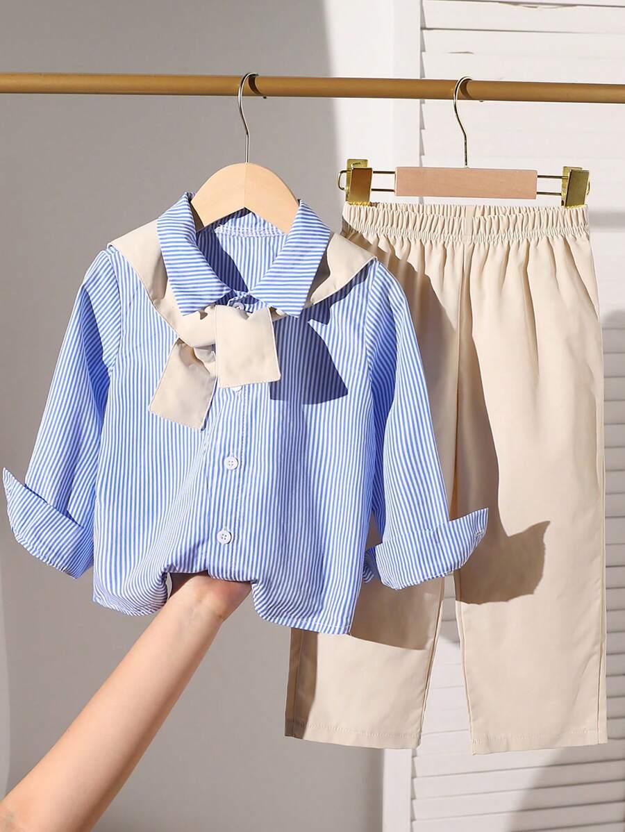 SHEIN 2 件套年轻男孩休闲 2 合 1 围巾衬衫 + 绅士裤装，时尚百搭。适合日常穿着，可搭配各种夹克和外套