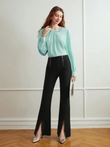 MOTF PREMIUM Blusa con mangas farol, detalles de cadena de pedrería y pliegues plisados - verde menta - Ver 4