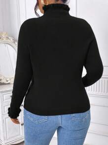 Calvaya Plus Size Women Solid Color Ruffle Collar Mock Neck Thermal Lined Thick Fitted Long Sleeve Sweater - Black - View 2