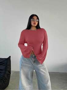 Flirla Plus Size Solid Color Bell Sleeve Sweater Knit Pullover Fall Winter - Coral Pink - View 5