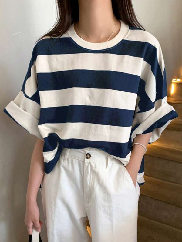 DAZY Women Loose Fit Striped Short Sleeve T-Shirt