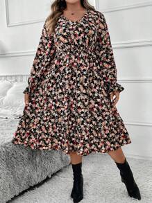 SHEIN Clasi Maxikleid mit langen Ärmeln und Blumenmuster, Damen Große Größen Elegantes Lässig Alltagskleid, Herbst Winter - Verschiedenfarbig - Übersicht 7