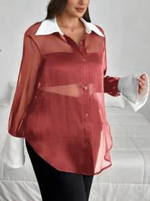 SHEIN Privé Damen Bluse in Große Größen, Kontrastfarbe Schwarz und Weiß, durchsichtig und glänzend, Herbst-Schulanfang - Bordeaux - Übersicht 3