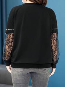 SHEIN LUNE 大码女式字母印花圆领撞色蕾丝长袖休闲运动衫 - 黑色 - 查看 2