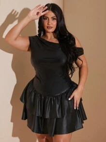 SHEIN BAE Abito mini in pelle PU nera asimmetrico con una spalla, plissettato e arricciato a volant, elegante e dolce, adatto per feste di Ognissanti e appuntamenti romantici. Abito nero per il ballo di fine anno. - nero - Visualizzare 9