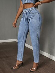 Slaydiva Jeans rectos con pernera entallada, parche de bolsillo y cintura asimétrica para mujeres