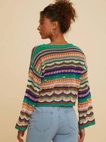 Travachic Women's Color Striped Pattern Crochet Drop Shoulder Long Sleeve Women Sweaters, Fall Women Clothes - Multicolor - View 3