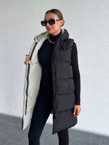 EURMUSE Reversable 2 Side Different Color, Hooded, Two Pocket Long Padded Winter Coat - Black - View 6