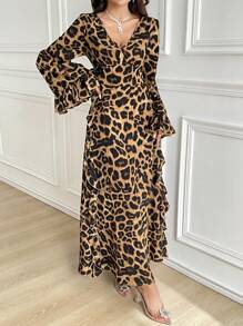 Modelyn V-Neck Leopard Print Ruffle Hem Long Sleeve Arabian Modest Dress Long Evening Dresses - Brown - View 6