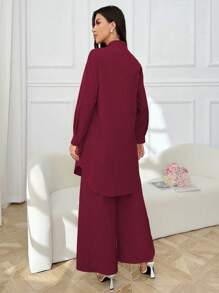 Mulvari Bộ 2 chiếc áo cánh dài tay cài nút họa tiết hoa thời trang xuân/hè cho nữ và quần thường ngày - Đỏ - Xem 2