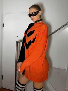 SHEIN ICON Suéter de hombros caídos con estampado de calabaza, otoño - Multicolor - Ver 4