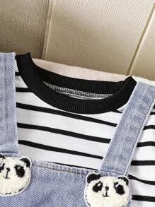 2pcs Baby Boys' Striped Long Sleeve Top & Panda Print Denim Romper Set, Comfortable & Casual Style For Autumn Winter Outdoor, Vacation & Daily Wear - Blue - View 4