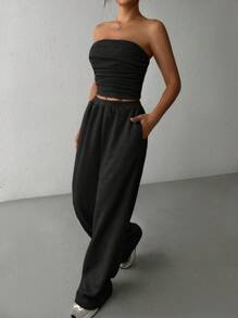 SHEIN EZwear 2 件套女士褶皱抹胸和松紧腰口袋裤套装 - 黑色 - 查看 5