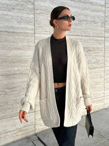 SHEIN Women Solid Color Textured Knit Open Front Pocket Detailed Long Cardigan