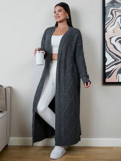 EURMUSE Plus Size Women Geometric Pattern Long Sleeve Open Front Long Cardigan For Fall/Winter