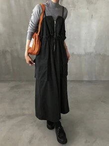 FRIFUL Women Solid Color Zip Up Pocket Strap Sleeveless Dress - Grey - View 3