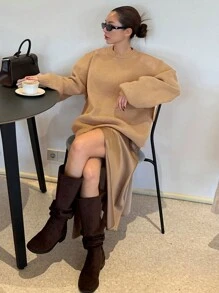 DAZY Women's Solid Color Patchwork PU Round Neck Sweater,Fall Clothes - Khaki - View 3