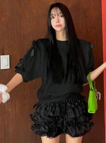 DAZY 女士蝴蝶结宽松短袖休闲 T 恤 - 黑色 - 查看 2