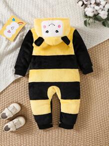 男婴服装可爱拼布蜜蜂连帽连体衣冬季服装 - 彩色 - 查看 2