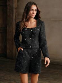 Anewsta 2pcs Women's Black Sequins Square Neck Double Breasted Jacket And Shorts Set - Black - View 1