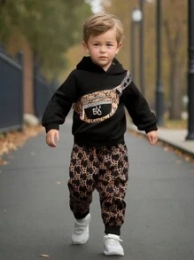 3pcs/Set Young Boy Hoodie Sweatshirt, Sports Pants & Bag Casual Cute Comfortable Streetwear Fall/Spring Outfit - Black - View 1