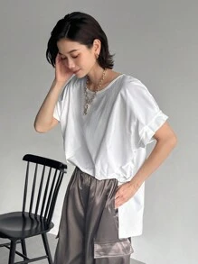 FRIFUL Women's Solid Color Scoop Neck Batwing Sleeve Casual T-Shirt, Summer - White - View 3