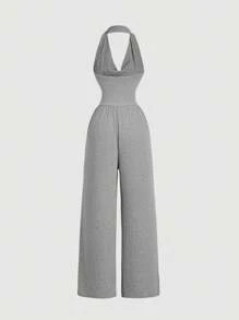 SHEIN MOD 女式夏季纯色休闲垂领腰部荷叶边阔腿连体裤 - 淺灰色 - 查看 2