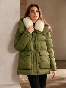 Anewsta Damen einfarbiger gepolsterter Mantel mit Kapuze, winddicht und warm für den Outdoor-Winter - Olivgrün - Übersicht 3