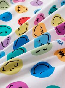 SmileyWorld® | SHEIN 1pc Full Coverage Fun Cartoon Expression Patterned Fitted Sheet,Suitable For Children Single/Double/Queen/King Bed