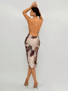 Aloruh Women's Tie-Dye Print Backless Spaghetti Strap Side Slit Hem Sexy Slip Dress, Summer